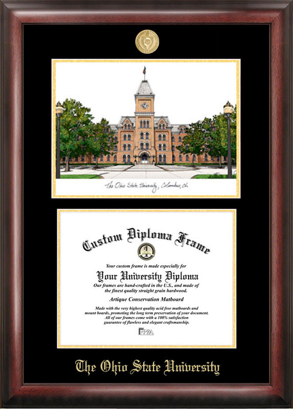 Ohio State University Gold embossed diploma frame with  lithograph