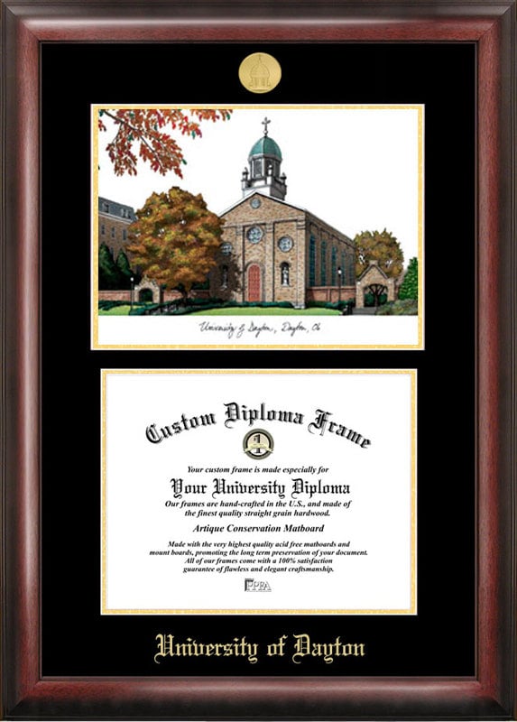 University of Dayton Gold embossed diploma frame with  lithograph