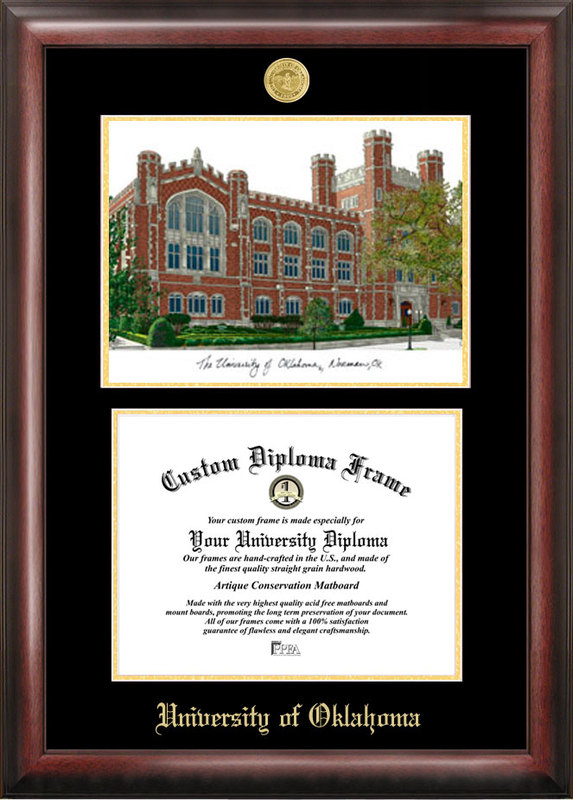 University of Oklahoma Gold embossed diploma frame with  lithograph