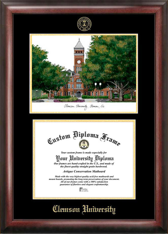 Clemson University Gold embossed diploma frame with  lithograph