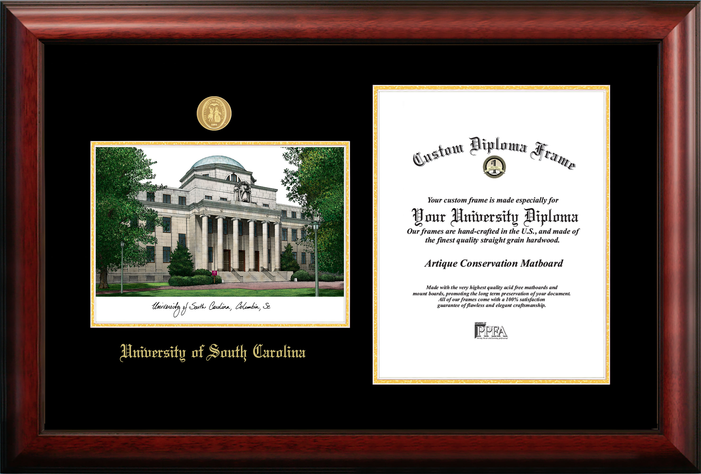 University of South Carolina Gold embossed diploma frame with  lithograph