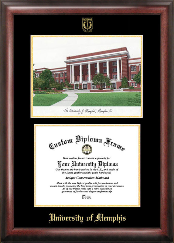 University of Memphis Gold embossed diploma frame with  lithograph