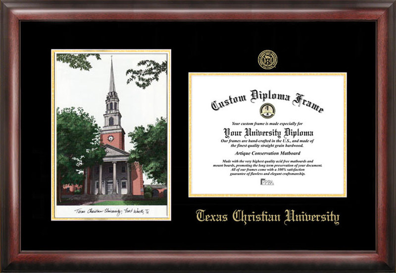 Texas Christian University Gold embossed diploma frame with  lithograph