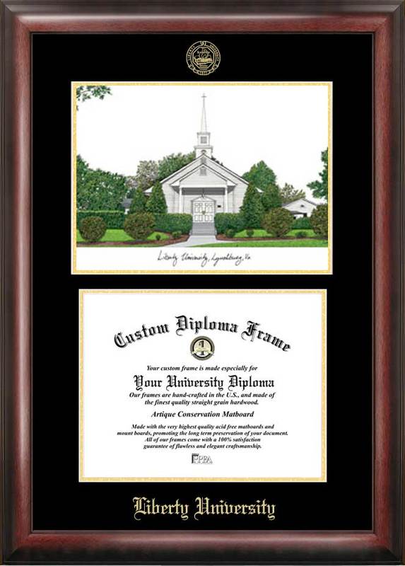 Liberty University Gold embossed diploma frame with lithograph