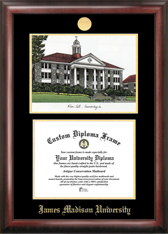James Madison University Gold embossed diploma frame with  lithograph