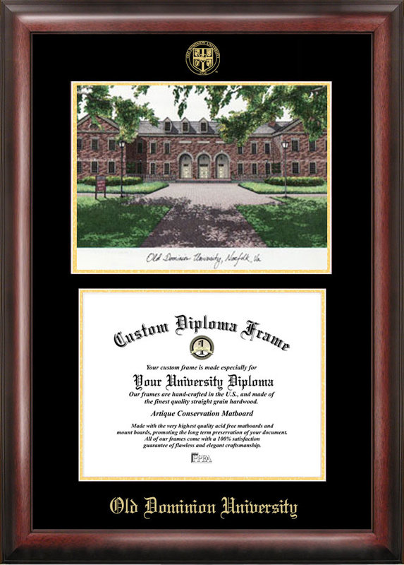 Old Dominion Gold embossed diploma frame with lithograph