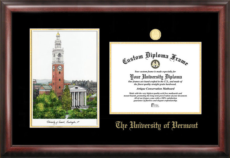 University of Vermont Gold embossed diploma frame with  lithograph