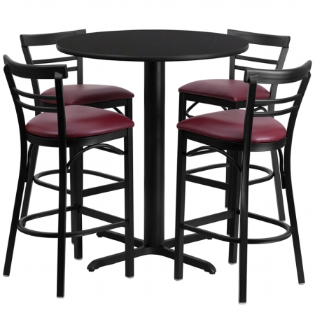 HDBF1037-GG 24 in. Round Black Laminate Table Set with 4 Ladder Back Metal Bar Stools - Burgundy Vinyl Seat -  Flash Furniture