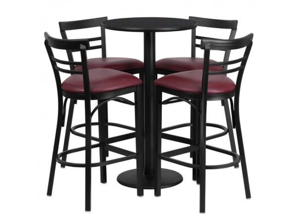 RSRB1037-GG 24 in. Round Black Laminate Table Set with 4 Ladder Back Metal Bar Stools - Burgundy Vinyl Seat -  Flash Furniture