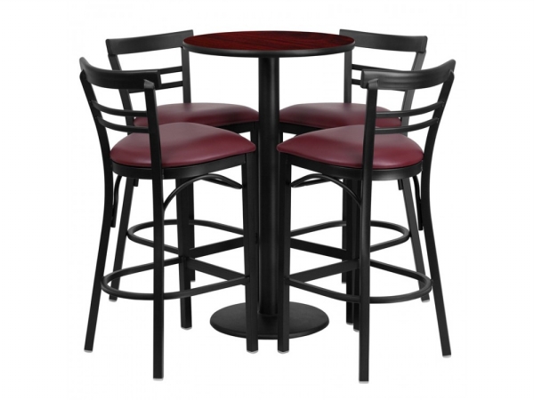 RSRB1038-GG 24 in. Round Mahogany Laminate Table Set with 4 Ladder Back Metal Bar Stools - Burgundy Vinyl Seat -  Flash Furniture