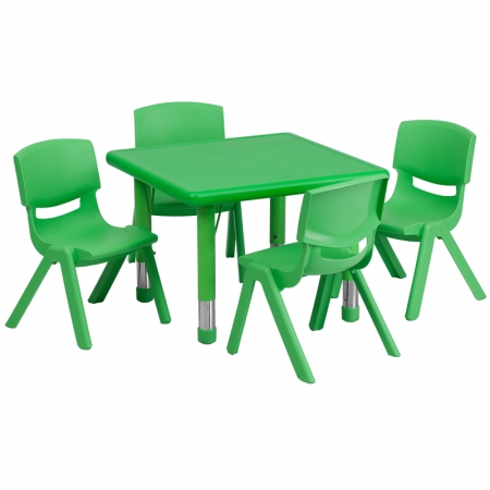 YU-YCX-0023-2-SQR-TBL-GREEN-E-GG 24 in. Square Adjustable Green Plastic Activity Table Set with 4 School Stack Chairs