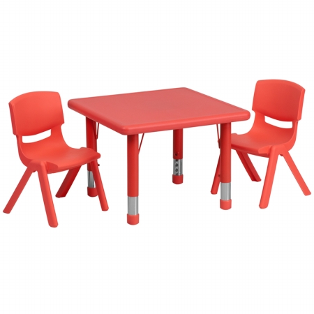 YU-YCX-0023-2-SQR-TBL-RED-R-GG 24 in. Square Adjustable Red Plastic Activity Table Set with 2 School Stack Chairs
