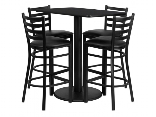 RSRB1017-GG 24 in. x 42 in. Rectangular Black Laminate Table Set with 4 Ladder Back Metal Bar Stools - Black Vinyl Seat
