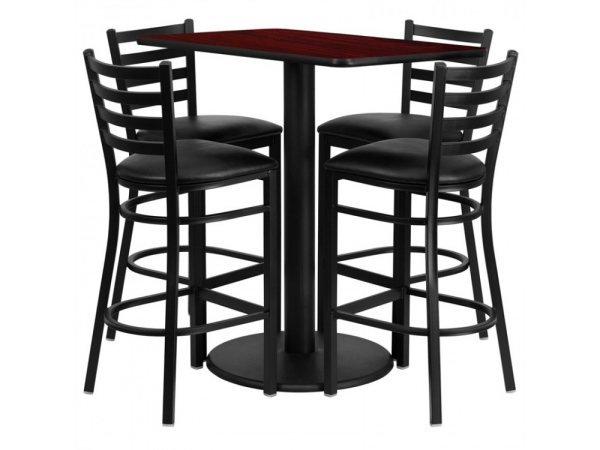 RSRB1018-GG 24 in. x 42 in. Rectangular Mahogany Laminate Table Set with 4 Ladder Back Metal Bar Stools - Black Vinyl Seat
