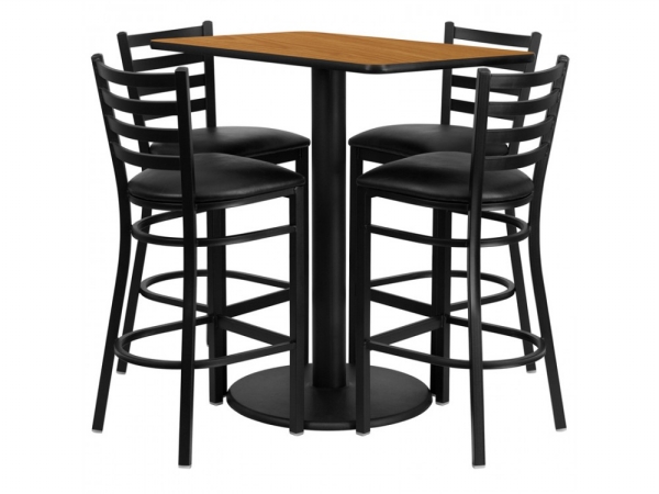 RSRB1019-GG 24 in. x 42 in. Rectangular Natural Laminate Table Set with 4 Ladder Back Metal Bar Stools - Black Vinyl Seat