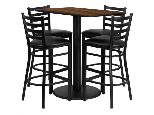 RSRB1020-GG 24 in. x 42 in. Rectangular Walnut Laminate Table Set with 4 Ladder Back Metal Bar Stools - Black Vinyl Seat