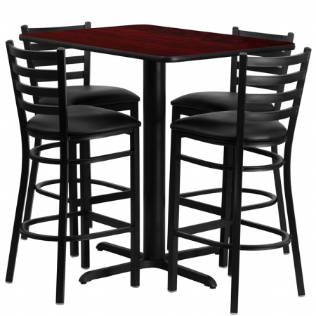HDBF1018-GG 24 in. W x 42 in. L Rectangular Mahogany Laminate Table Set with 4 Ladder Back Metal Bar Stools - Black Vinyl Seat
