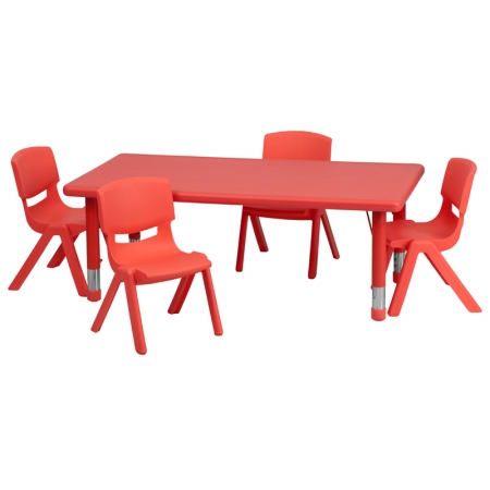 YU-YCX-0013-2-RECT-TBL-RED-R-GG 24 in. W x 48 in. L Adjustable Rectangular Red Plastic Activity Table Set with 4 School Stack Chairs