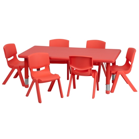 YU-YCX-0013-2-RECT-TBL-RED-E-GG 24 in. W x 48 in. L Adjustable Rectangular Red Plastic Activity Table Set with 6 School Stack Chairs