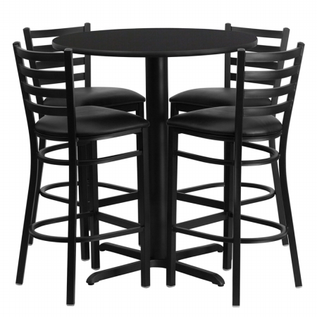 Round Black Laminate Table Set with 4 Bar Stools - Black - 30 in. - Commercial Grade