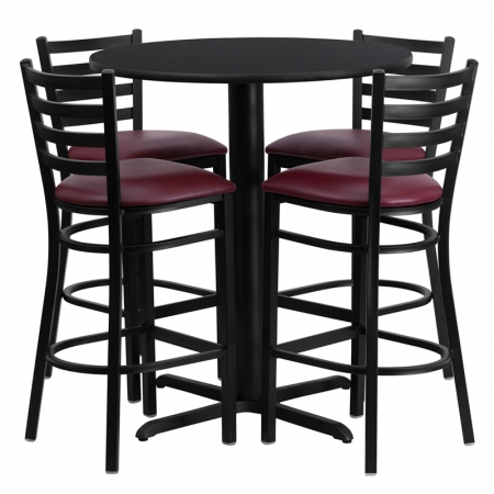 HDBF1025-GG 30 in. Round Black Laminate Table Set with 4 Ladder Back Metal Bar Stools - Burgundy Vinyl Seat -  Flash Furniture