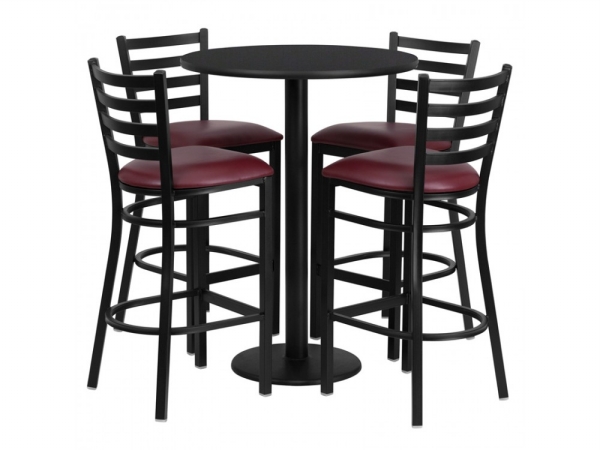 RSRB1025-GG 30 in. Round Black Laminate Table Set with 4 Ladder Back Metal Bar Stools - Burgundy Vinyl Seat -  Flash Furniture