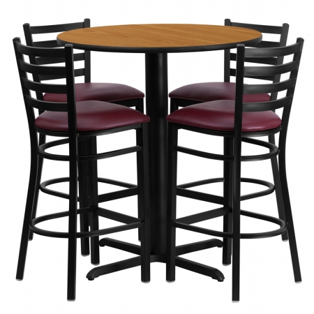 HDBF1027-GG 30 in. Round Natural Laminate Table Set with 4 Ladder Back Metal Bar Stools - Burgundy Vinyl Seat -  Flash Furniture