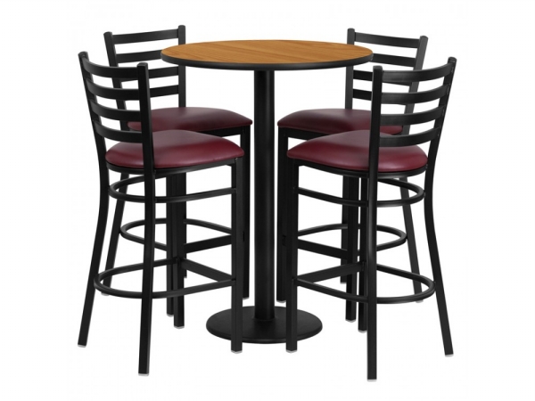 RSRB1027-GG 30 in. Round Natural Laminate Table Set with 4 Ladder Back Metal Bar Stools - Burgundy Vinyl Seat -  Flash Furniture