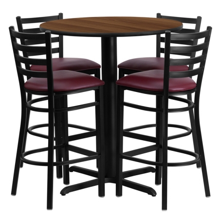 HDBF1028-GG 30 in. Round Walnut Laminate Table Set with 4 Ladder Back Metal Bar Stools - Burgundy Vinyl Seat -  Flash Furniture