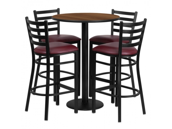 RSRB1028-GG 30 in. Round Walnut Laminate Table Set with 4 Ladder Back Metal Bar Stools - Burgundy Vinyl Seat -  Flash Furniture