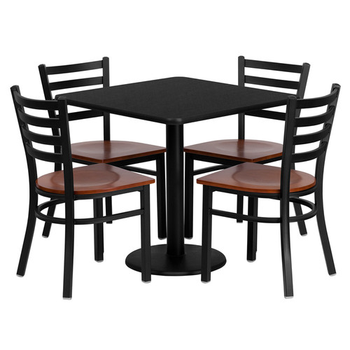 MD-0003-GG 30 in. Square Black Laminate Table Set with 4 Ladder Back Metal Chairs - Cherry Wood Seat