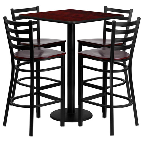 MD-0014-GG 30 in. Square Mahogany Laminate Table Set with 4 Ladder Back Metal Bar Stools - Mahogany Wood Seat