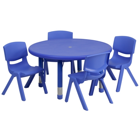 YU-YCX-0073-2-ROUND-TBL-BLUE-E-GG 33 in. Round Adjustable Blue Plastic Activity Table Set with 4 School Stack Chairs