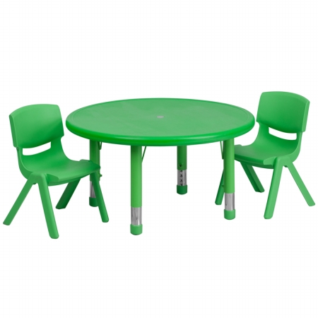 YU-YCX-0073-2-ROUND-TBL-GREEN-R-GG 33 in. Round Adjustable Green Plastic Activity Table Set with 2 School Stack Chairs