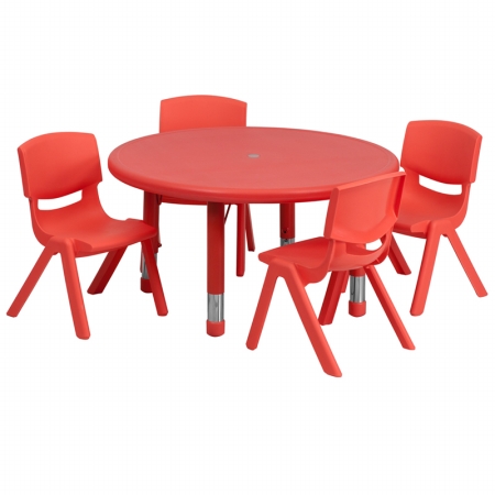 YU-YCX-0073-2-ROUND-TBL-RED-E-GG 33 in. Round Adjustable Red Plastic Activity Table Set with 4 School Stack Chairs