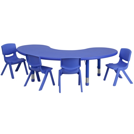 YU-YCX-0043-2-MOON-TBL-BLUE-E-GG 35 in. W x 65 in. L Adjustable Half-Moon Blue Plastic Activity Table Set with 4 School Stack Chairs
