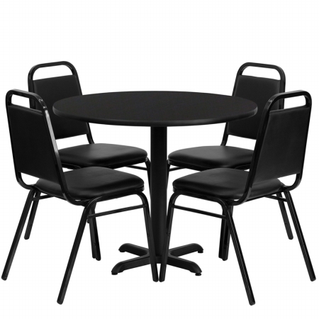 HDBF1001-GG 36 in. Round Black Laminate Table Set with 4 Black Trapezoidal Back Banquet Chairs