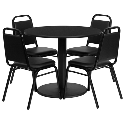 RSRB1001-GG 36 in. Round Black Laminate Table Set with 4 Black Trapezoidal Back Banquet Chairs