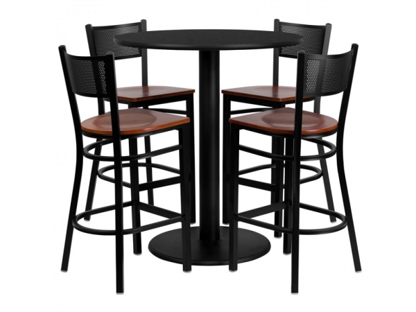 MD-0018-GG 36 in. Round Black Laminate Table Set with 4 Grid Back Metal Bar Stools - Cherry Wood Seat
