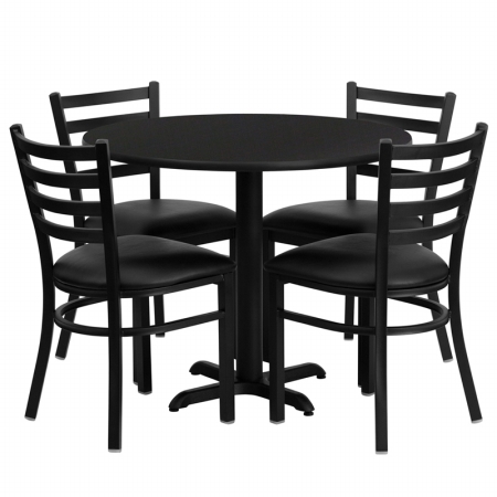 HDBF1029-GG 36 in. Round Black Laminate Table Set with 4 Ladder Back Metal Chairs - Black Vinyl Seat