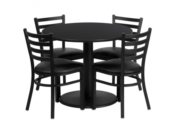 RSRB1029-GG 36 in. Round Black Laminate Table Set with 4 Ladder Back Metal Chairs - Black Vinyl Seat