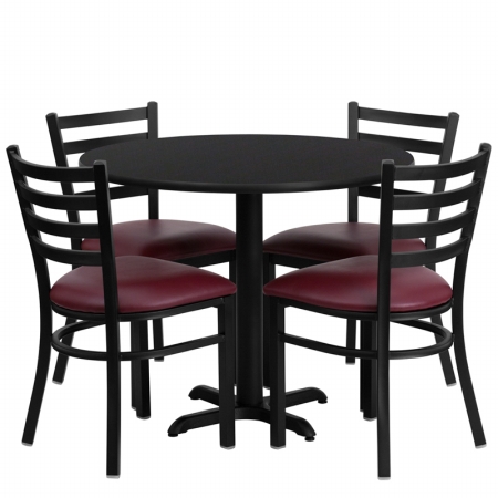 HDBF1005-GG 36 in. Round Black Laminate Table Set with 4 Ladder Back Metal Chairs - Burgundy Vinyl Seat