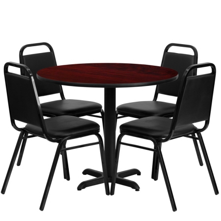 HDBF1002-GG 36 in. Round Mahogany Laminate Table Set with 4 Black Trapezoidal Back Banquet Chairs