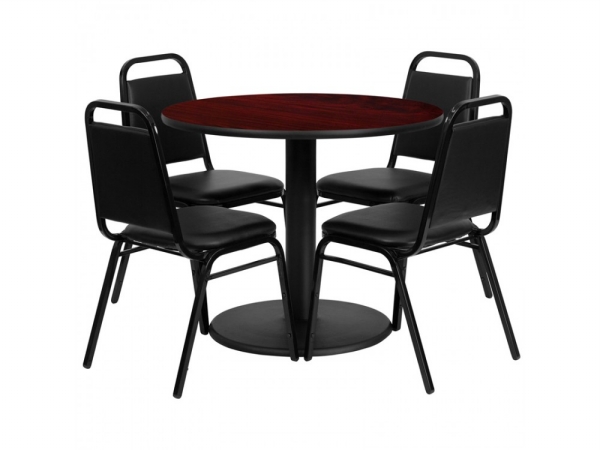 RSRB1002-GG 36 in. Round Mahogany Laminate Table Set with 4 Black Trapezoidal Back Banquet Chairs
