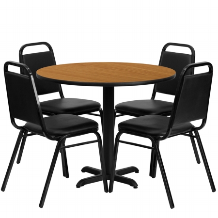 HDBF1003-GG 36 in. Round Natural Laminate Table Set with 4 Black Trapezoidal Back Banquet Chairs