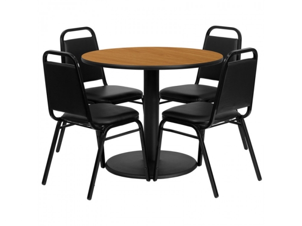 RSRB1003-GG 36 in. Round Natural Laminate Table Set with 4 Black Trapezoidal Back Banquet Chairs