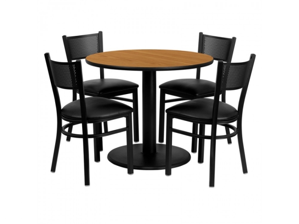 MD-0006-GG 36 in. Round Natural Laminate Table Set with 4 Grid Back Metal Chairs - Black Vinyl Seat