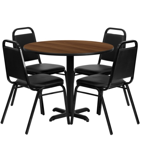 HDBF1004-GG 36 in. Round Walnut Laminate Table Set with 4 Black Trapezoidal Back Banquet Chairs