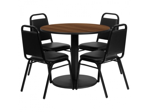 RSRB1004-GG 36 in. Round Walnut Laminate Table Set with 4 Black Trapezoidal Back Banquet Chairs