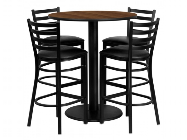 MD-0011-GG 36 in. Round Walnut Laminate Table Set with 4 Ladder Back Metal Bar Stools - Black Vinyl Seat